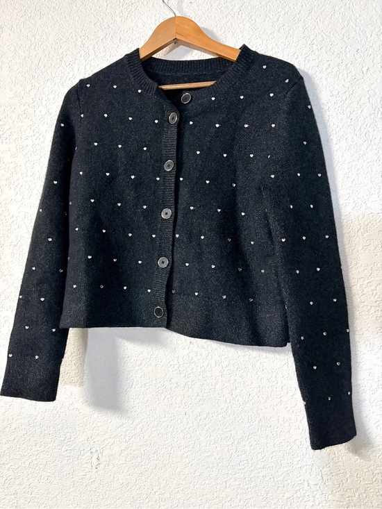 Kuose Sweaters - Black button up fall/winter Cardigan with sparkly Heart Rhinestone detail